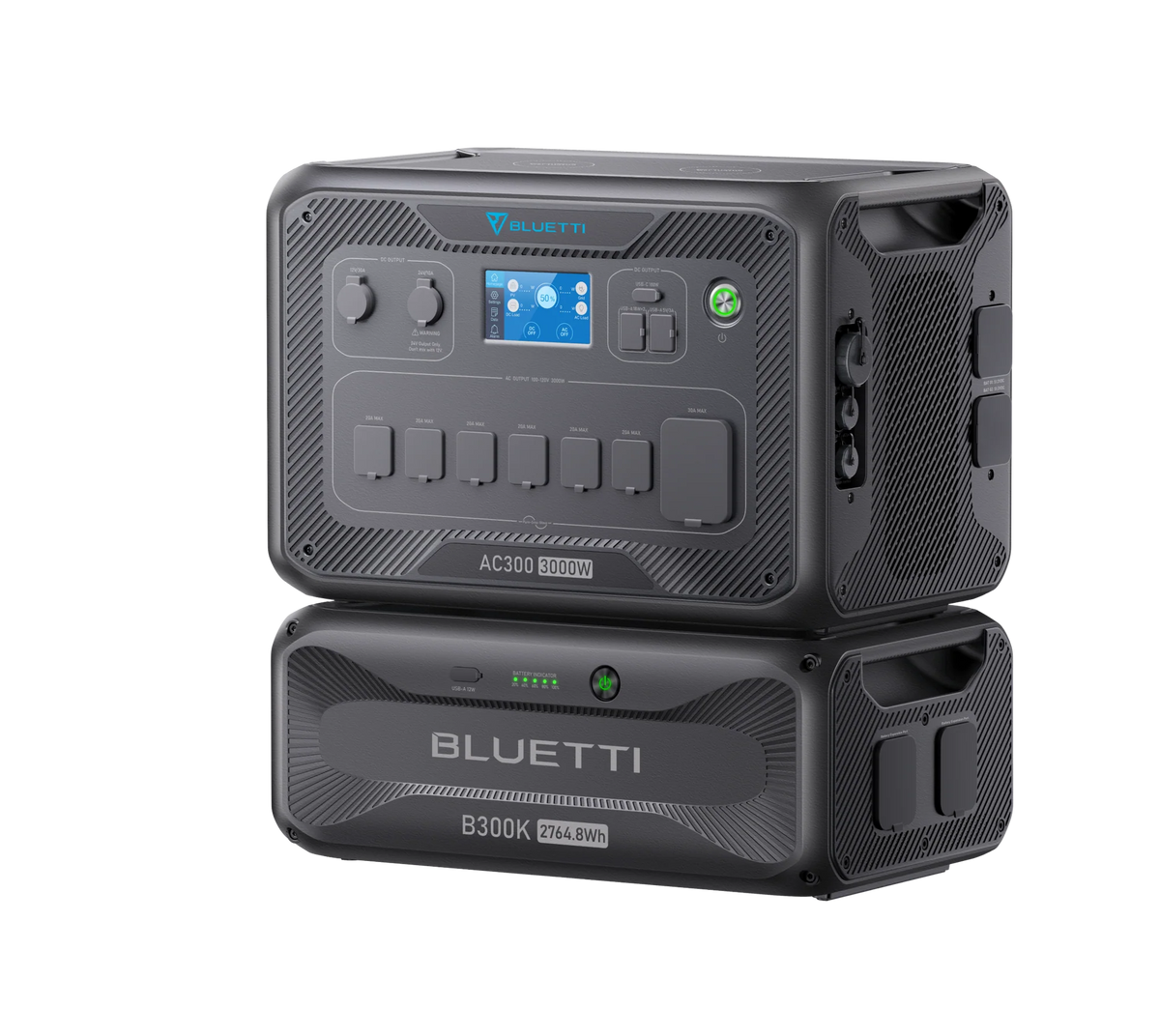 A Bluetti AC300 3000W portable power station with digital controls is stacked on a Bluetti B300K 3072Wh LiFePO₄ battery module. Both black units feature textured panels, visible ports, and advanced UPS protection.