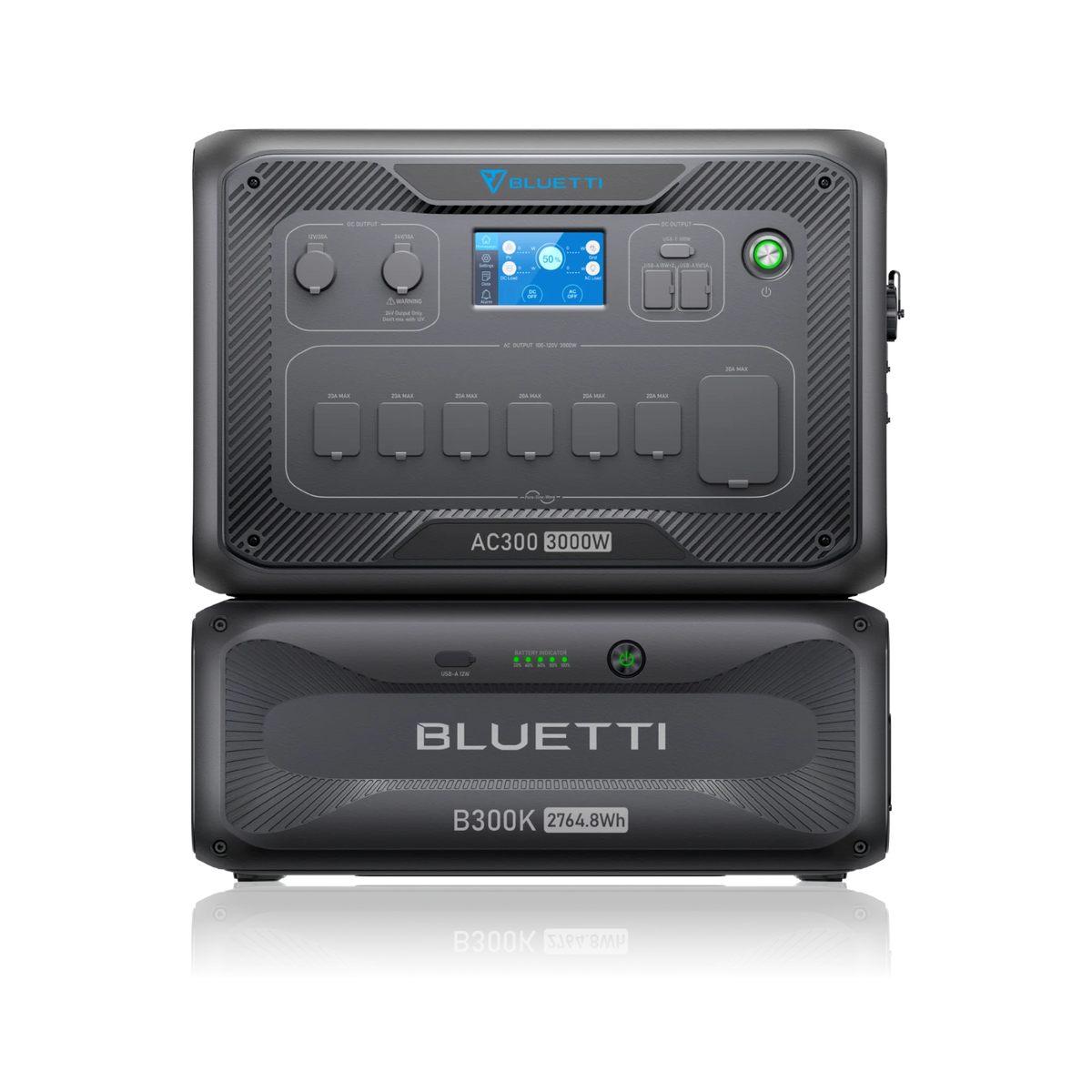 A Bluetti AC300 3000W portable power station stacked on a B300K 3072Wh battery module, both black, feature control buttons, display screen, and multiple input/output ports for a modular system and efficient solar charging.