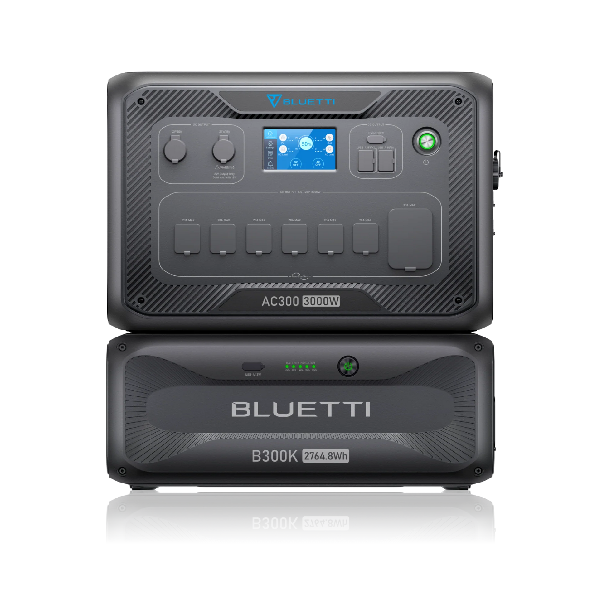 A Bluetti AC300 3000W portable power station stacked on a B300K 3072Wh battery module, both black, feature control buttons, display screen, and multiple input/output ports for a modular system and efficient solar charging.