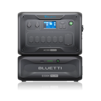 A Bluetti AC300 3000W portable power station stacked on a B300K 3072Wh battery module, both black, feature control buttons, display screen, and multiple input/output ports for a modular system and efficient solar charging.