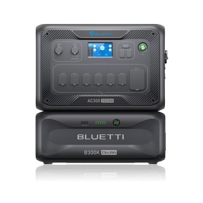 A Bluetti AC300 3000W portable power station stacked on a B300K 3072Wh battery module, both black, feature control buttons, display screen, and multiple input/output ports for a modular system and efficient solar charging.