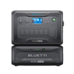 Two stacked black Bluetti power stations: the AC300 (top) with control knobs, display screen, and outlets; the B300 (bottom) with LiFePO₄ battery, indicator lights, UPS protection, and 2764.8Wh displayed on the front.