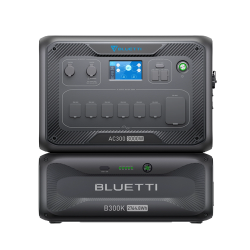 Two stacked black Bluetti power stations: the AC300 (top) with control knobs, display screen, and outlets; the B300 (bottom) with LiFePO₄ battery, indicator lights, UPS protection, and 2764.8Wh displayed on the front.