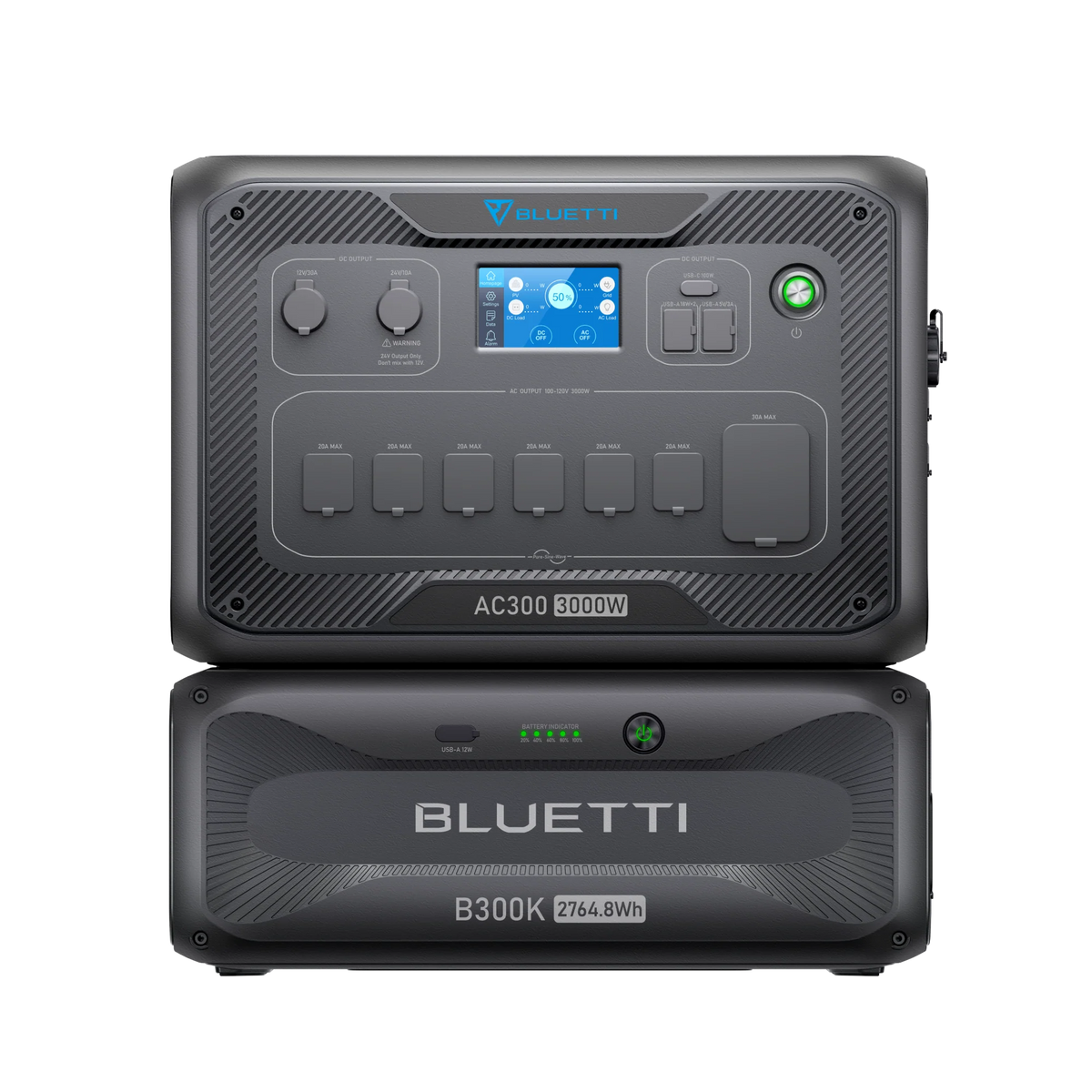 Two stacked black Bluetti power stations: the AC300 (top) with control knobs, display screen, and outlets; the B300 (bottom) with LiFePO₄ battery, indicator lights, UPS protection, and 2764.8Wh displayed on the front.
