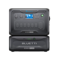 Two stacked black Bluetti power stations: the AC300 (top) with control knobs, display screen, and outlets; the B300 (bottom) with LiFePO₄ battery, indicator lights, UPS protection, and 2764.8Wh displayed on the front.