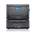 Front view of the Bluetti AC300: this 3000W power station with digital display sits atop the B300K 3072Wh battery—both in sleek black—offering efficient solar charging for reliable, high-capacity energy storage.