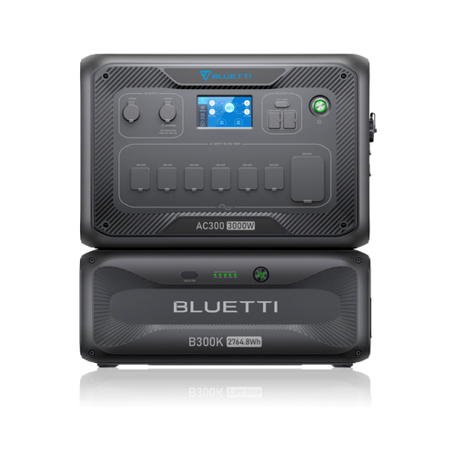 Front view of the Bluetti AC300: this 3000W power station with digital display sits atop the B300K 3072Wh battery—both in sleek black—offering efficient solar charging for reliable, high-capacity energy storage.