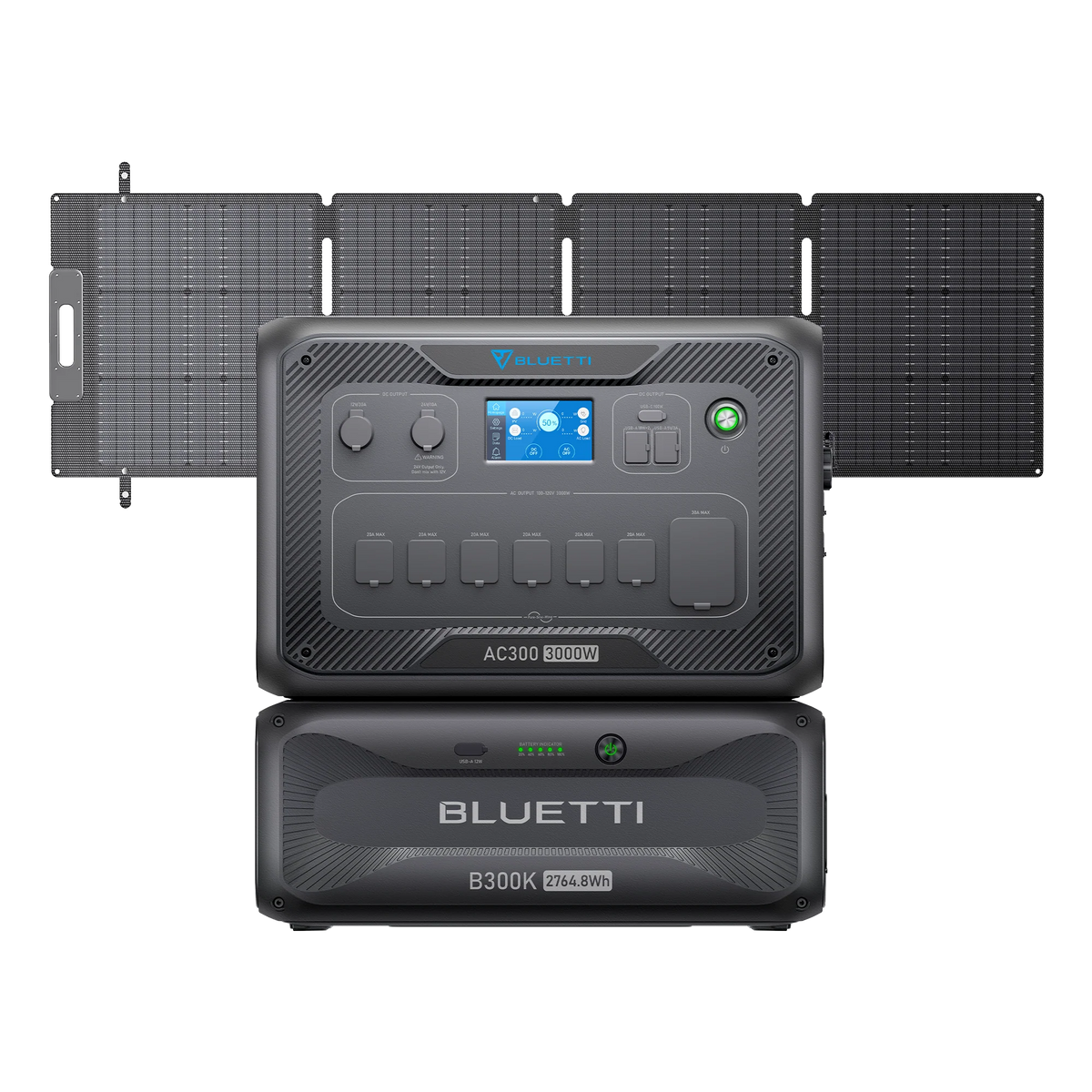 Front view of a Bluetti portable power station (3000W AC Output) with display and multiple ports, paired with a Bluetti B300 battery and four foldable solar panels behind, providing seamless UPS protection.