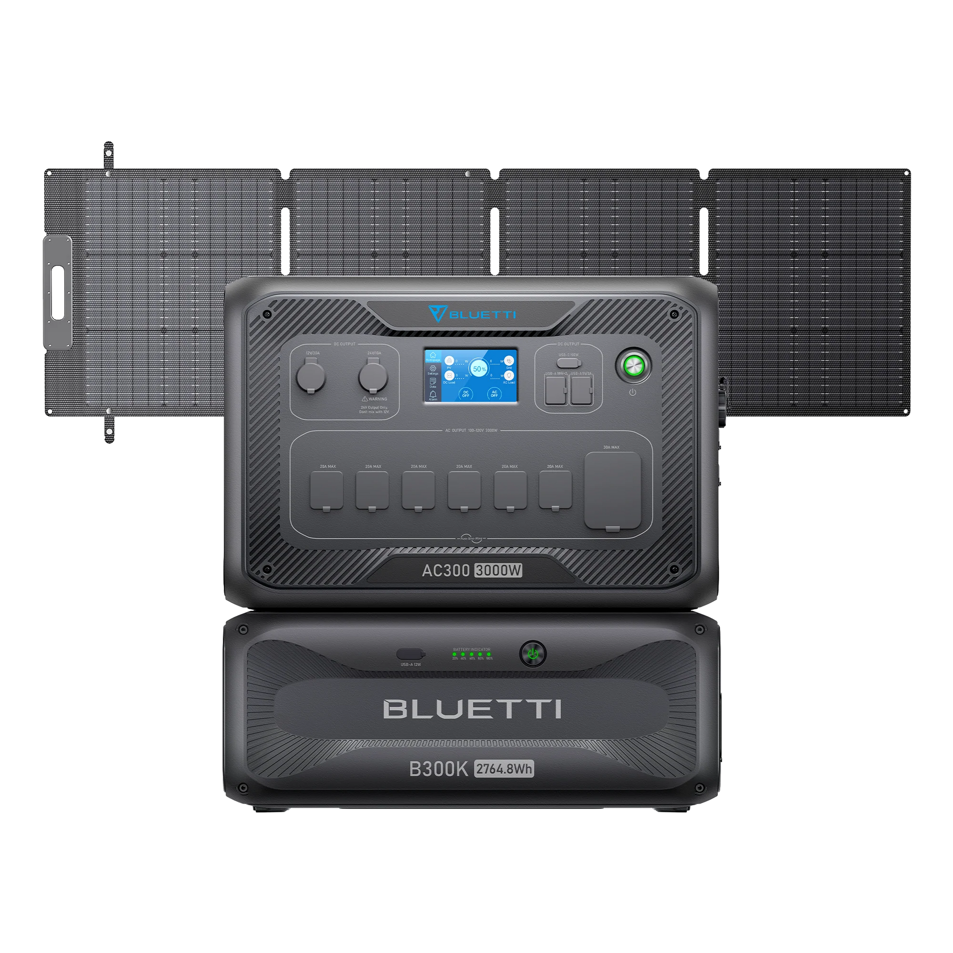 Front view of a Bluetti portable power station (3000W AC Output) with display and multiple ports, paired with a Bluetti B300 battery and four foldable solar panels behind, providing seamless UPS protection.
