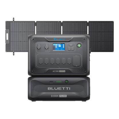 Front view of a Bluetti portable power station (3000W AC Output) with display and multiple ports, paired with a Bluetti B300 battery and four foldable solar panels behind, providing seamless UPS protection.