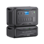 Two black Bluetti power stations are stacked. The top unit offers multiple ports, a display screen, and control buttons. The bottom “B300” by Bluetti has a LiFePO₄ battery, power button, LED indicator, and supports up to 3,000W AC output.