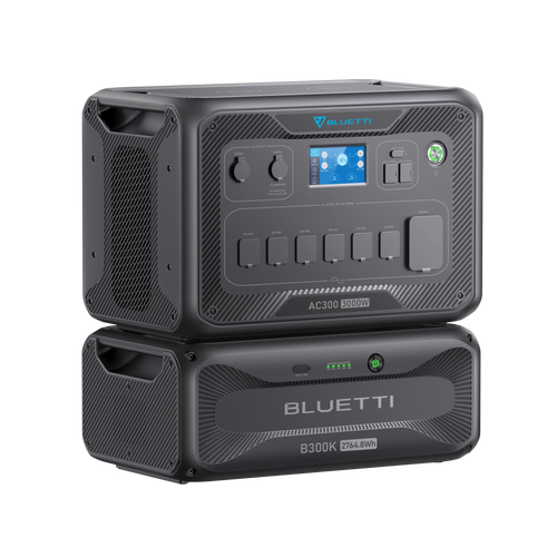 Two black Bluetti power stations are stacked. The top unit offers multiple ports, a display screen, and control buttons. The bottom “B300” by Bluetti has a LiFePO₄ battery, power button, LED indicator, and supports up to 3,000W AC output.