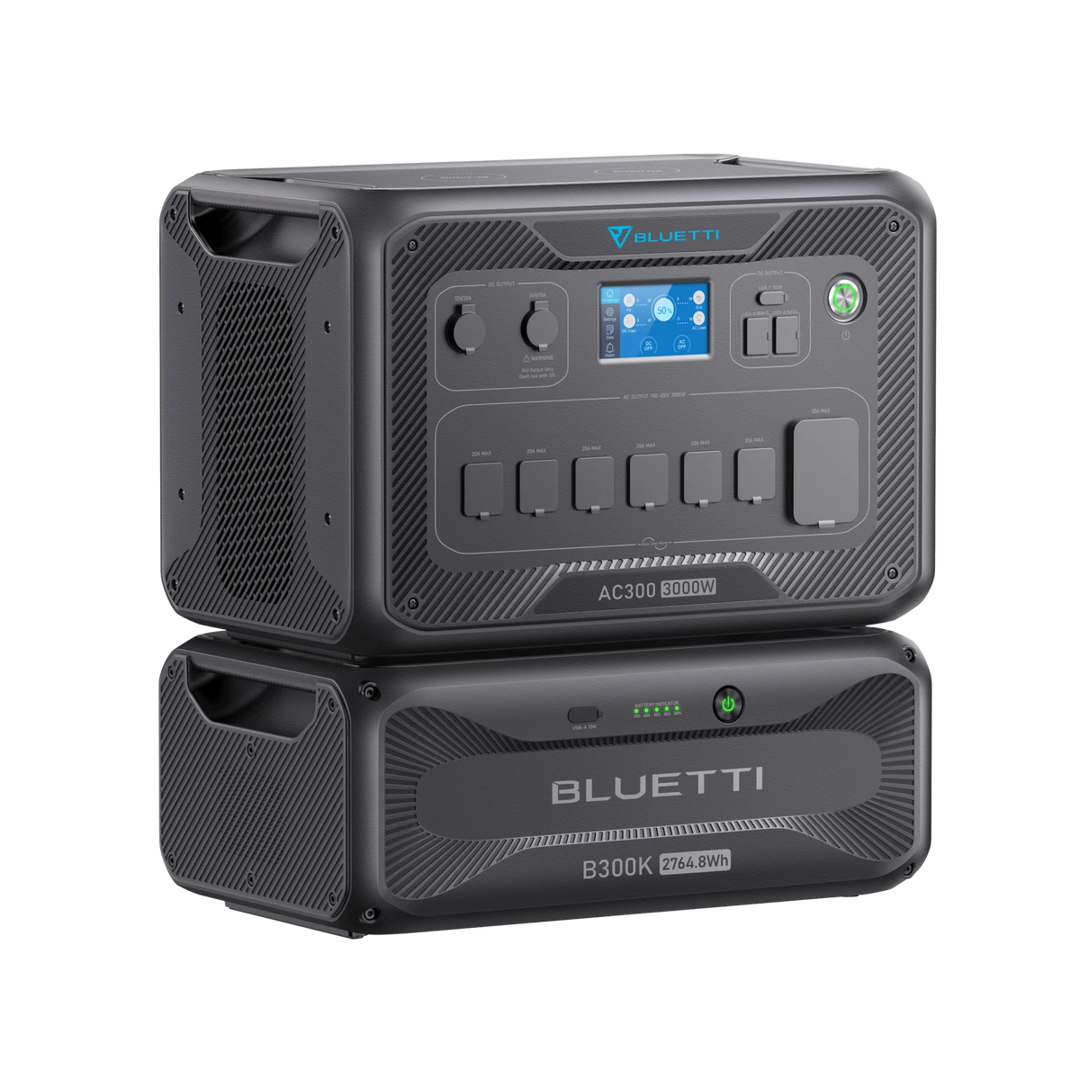 Two black Bluetti power stations are stacked. The top unit offers multiple ports, a display screen, and control buttons. The bottom “B300” by Bluetti has a LiFePO₄ battery, power button, LED indicator, and supports up to 3,000W AC output.