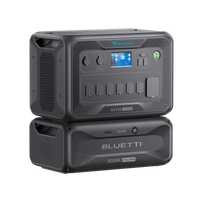 Two black Bluetti power stations are stacked. The top unit offers multiple ports, a display screen, and control buttons. The bottom “B300” by Bluetti has a LiFePO₄ battery, power button, LED indicator, and supports up to 3,000W AC output.