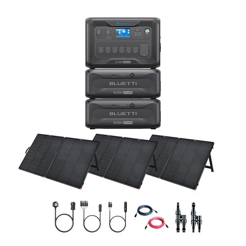 A Bluetti AC300 portable power station with two stacked modular battery units, four foldable solar panels for charging, plus connecting cables and accessories organized beneath.