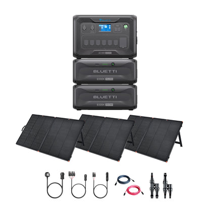 A Bluetti AC300 portable power station with two stacked modular battery units, four foldable solar panels for charging, plus connecting cables and accessories organized beneath.