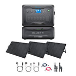 A Bluetti AC300 portable power station with a modular system, B300 battery module, four foldable solar panels, and connecting cables is shown on a white background, highlighting efficient solar charging.
