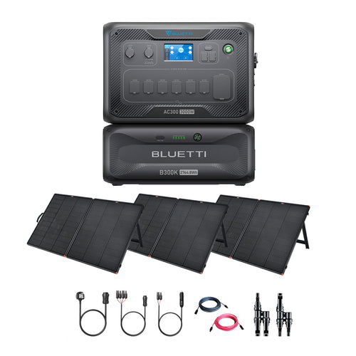 A Bluetti AC300 portable power station with a modular system, B300 battery module, four foldable solar panels, and connecting cables is shown on a white background, highlighting efficient solar charging.