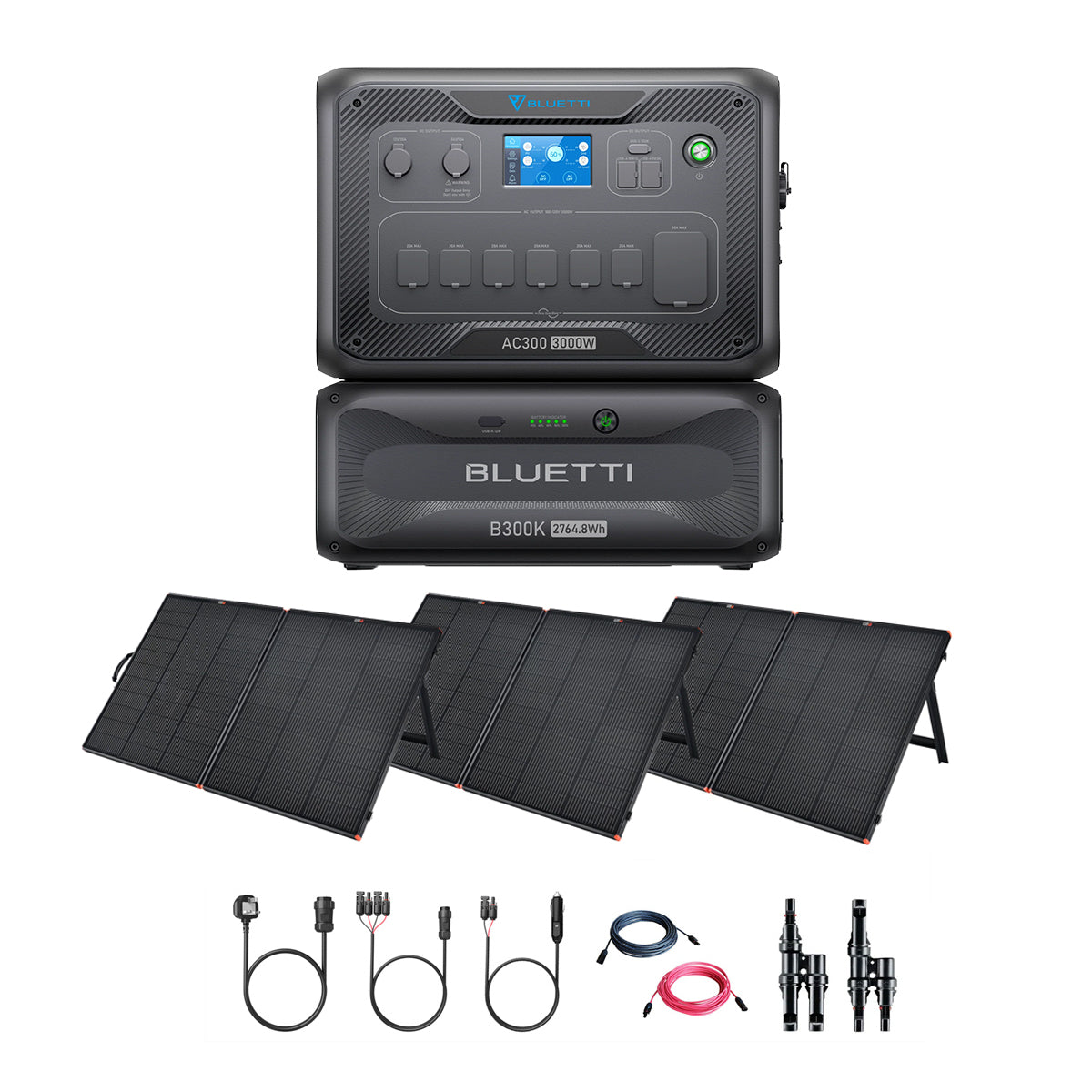 A Bluetti AC300 portable power station with a modular system, B300 battery module, four foldable solar panels, and connecting cables is shown on a white background, highlighting efficient solar charging.