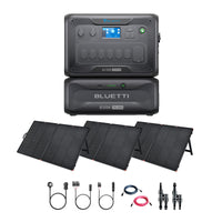 A Bluetti AC300 portable power station with a modular system, B300 battery module, four foldable solar panels, and connecting cables is shown on a white background, highlighting efficient solar charging.
