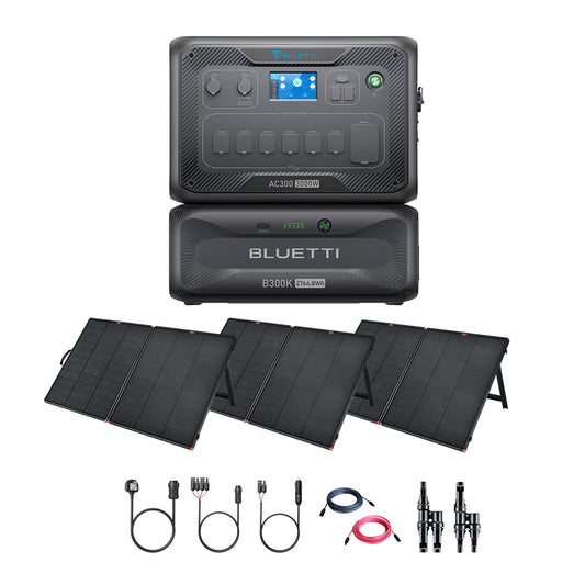 A Bluetti AC300 portable power station with a modular system, B300 battery module, four foldable solar panels, and connecting cables is shown on a white background, highlighting efficient solar charging.