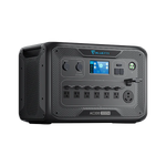 The Bluetti AC300 portable power station offers a 3000W pure sine wave inverter, various outlets, easy control knobs, a display screen, and a side handle—ideal for backup power and outdoor activities.