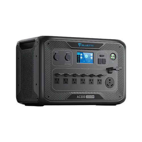 The Bluetti AC300 portable power station offers a 3000W pure sine wave inverter, various outlets, easy control knobs, a display screen, and a side handle—ideal for backup power and outdoor activities.