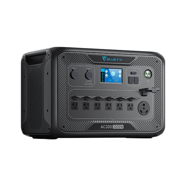 The Bluetti AC300 portable power station offers a 3000W pure sine wave inverter, various outlets, easy control knobs, a display screen, and a side handle—ideal for backup power and outdoor activities.
