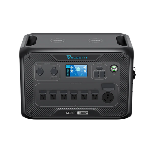 Front view of a Bluetti AC300 portable power station with a 3000W Pure Sine Wave Inverter, display screen, control buttons, five AC outlets, a round power socket, and multiple charging ports by Bluetti.