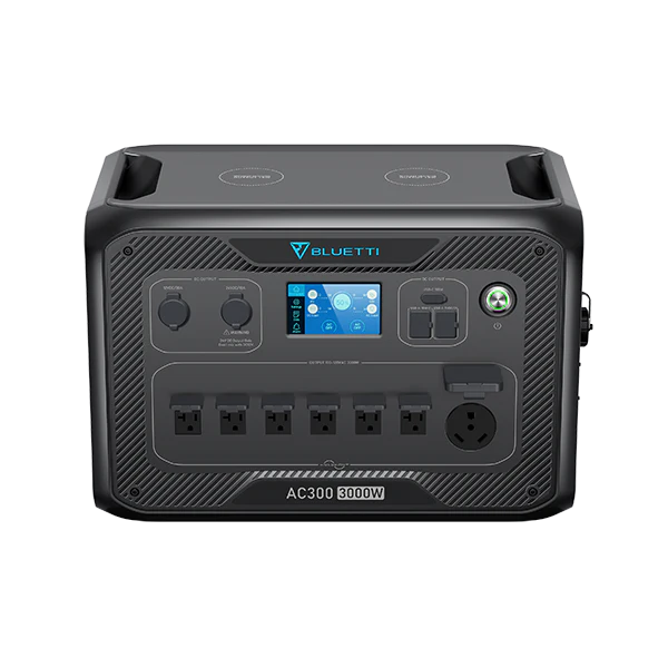 Front view of a Bluetti AC300 portable power station with a 3000W Pure Sine Wave Inverter, display screen, control buttons, five AC outlets, a round power socket, and multiple charging ports by Bluetti.
