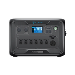The Bluetti AC300 3000W portable power station in black features multiple outlets, control knobs, a digital display, large power button, supports 5400W fast charging, and offers an expandable power supply.