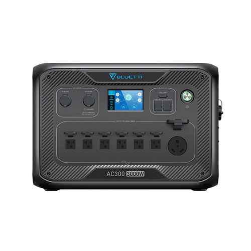 The Bluetti AC300 3000W portable power station in black features multiple outlets, control knobs, a digital display, large power button, supports 5400W fast charging, and offers an expandable power supply.