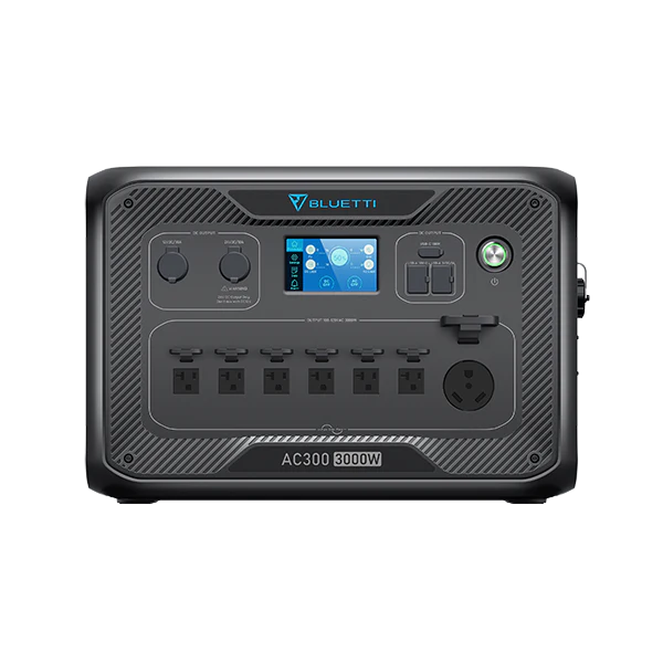 The Bluetti AC300 3000W portable power station in black features multiple outlets, control knobs, a digital display, large power button, supports 5400W fast charging, and offers an expandable power supply.