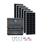 A Bluetti portable power station and battery module are paired with six solar panels behind them and four cable sets in front, showcasing Bluetti’s modular design and efficient solar energy use, all set against a white background.