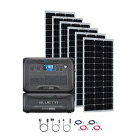 A Bluetti portable power station and battery module are paired with six solar panels behind them and four cable sets in front, showcasing Bluetti’s modular design and efficient solar energy use, all set against a white background.