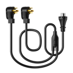 A black power cord splitter with two three-pronged UK plugs on one end and a single female connector on the other, all connected by black cables and a central junction—ideal for use with your portable power station or solar generator, such as the BLUETTI AC500.