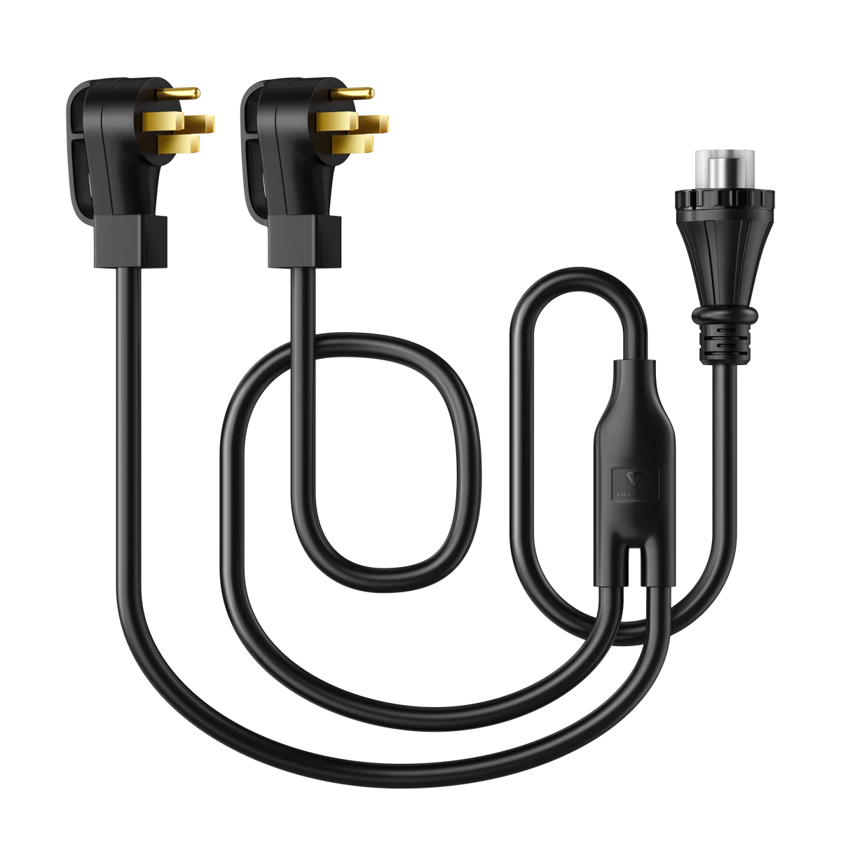 A black power cord splitter with two three-pronged UK plugs on one end and a single female connector on the other, all connected by black cables and a central junction—ideal for use with your portable power station or solar generator, such as the BLUETTI AC500.