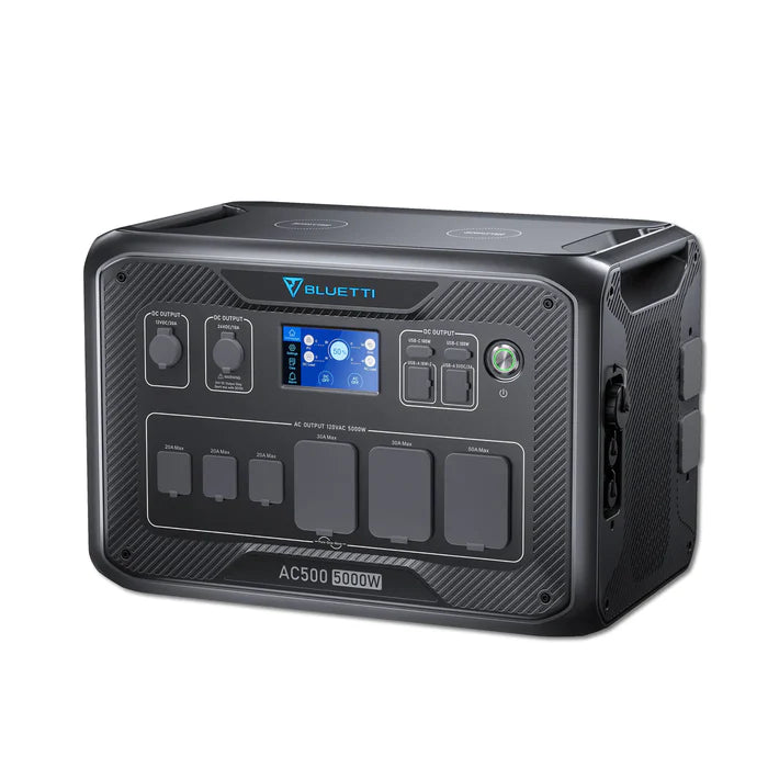 A rectangular, black Bluetti portable power station features a pure sine wave inverter, digital display, control knobs, multiple outlets, and labeled ports on the front panel. The unit also has rounded corners for a sleek design.