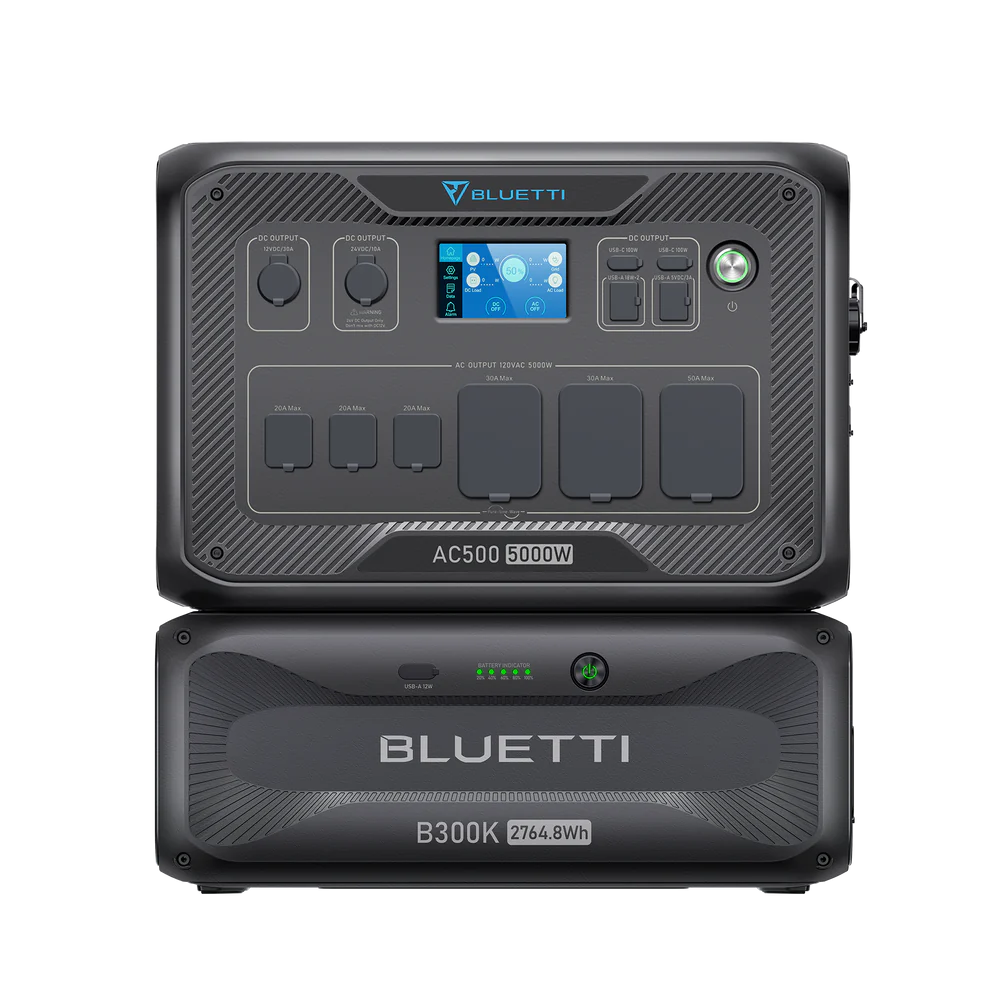 Front view of the Bluetti AC500 5000W power station stacked on a B300K 2764.8Wh battery pack, displaying their control panels, outlets, and Bluetti branding—perfect for solar energy—set against a plain background.