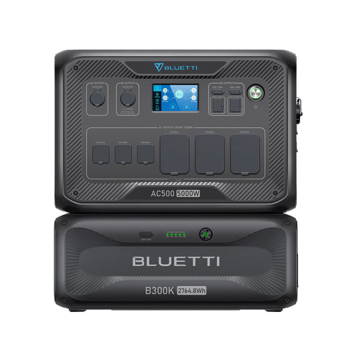A Bluetti AC500 5000W portable power station stacked on a B300K 2764.8Wh battery, both with visible ports, control buttons, digital display, and Bluetti branding—demonstrating modular power solutions for reliable energy anywhere.