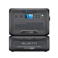 The Bluetti AC500 5000W portable power station, paired with the modular B300K 2764.8Wh battery, both in black, features multiple outlets, a digital display, and a pure sine wave inverter for reliable power anywhere.