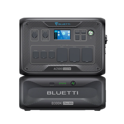 The Bluetti AC500 5000W portable power station, paired with the modular B300K 2764.8Wh battery, both in black, features multiple outlets, a digital display, and a pure sine wave inverter for reliable power anywhere.