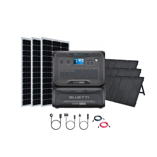 The Bluetti portable power station kit features the AC500 unit, B300S expansion battery, four solar panels, and connecting cables from Bluetti, providing modular power solutions—all shown on a white background.