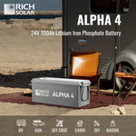A 100Ah LiFePO4 battery from Rich Solar, labeled ALPHA 4, sits by a trailer and folding chair in a desert-like setting. Icons below show its for RVs, vans, off-grid, cabins, DIY, and marine use. Includes a 5-year warranty.