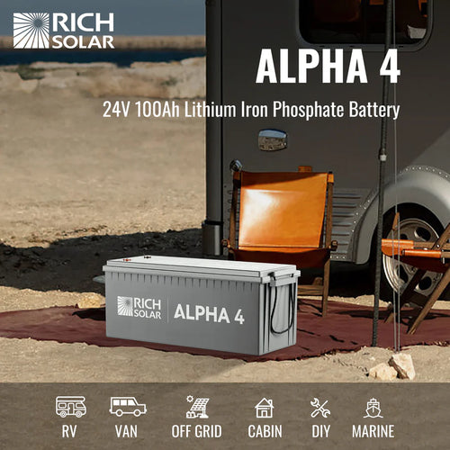A 100Ah LiFePO4 battery from Rich Solar, labeled ALPHA 4, sits by a trailer and folding chair in a desert-like setting. Icons below show its for RVs, vans, off-grid, cabins, DIY, and marine use. Includes a 5-year warranty.