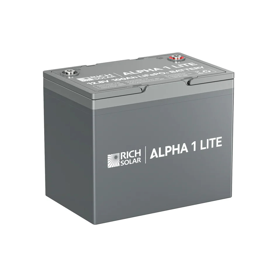 A gray rectangular LiFePO4 battery from Rich Solar labeled ALPHA 1 LITE, featuring top terminals and 12.8V 200Ah marked on the lid.
