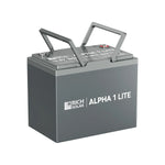 A gray rectangular 100Ah LiFePO4 battery from Rich Solar, featuring two metal carrying handles on top, is displayed against a white background.