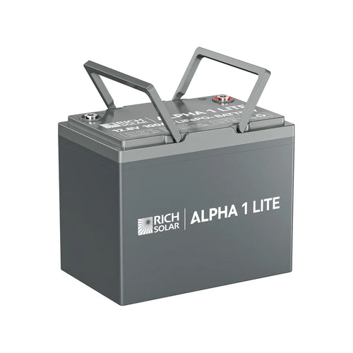A gray rectangular 100Ah LiFePO4 battery from Rich Solar, featuring two metal carrying handles on top, is displayed against a white background.