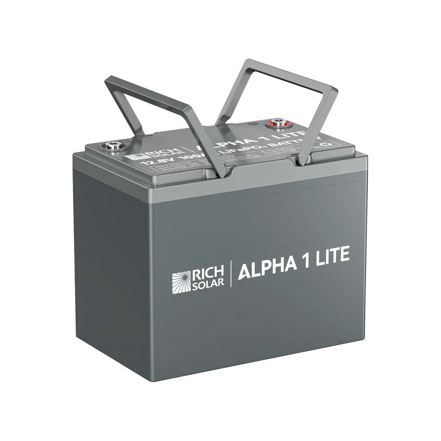 A gray rectangular 100Ah LiFePO4 battery from Rich Solar, featuring two metal carrying handles on top, is displayed against a white background.
