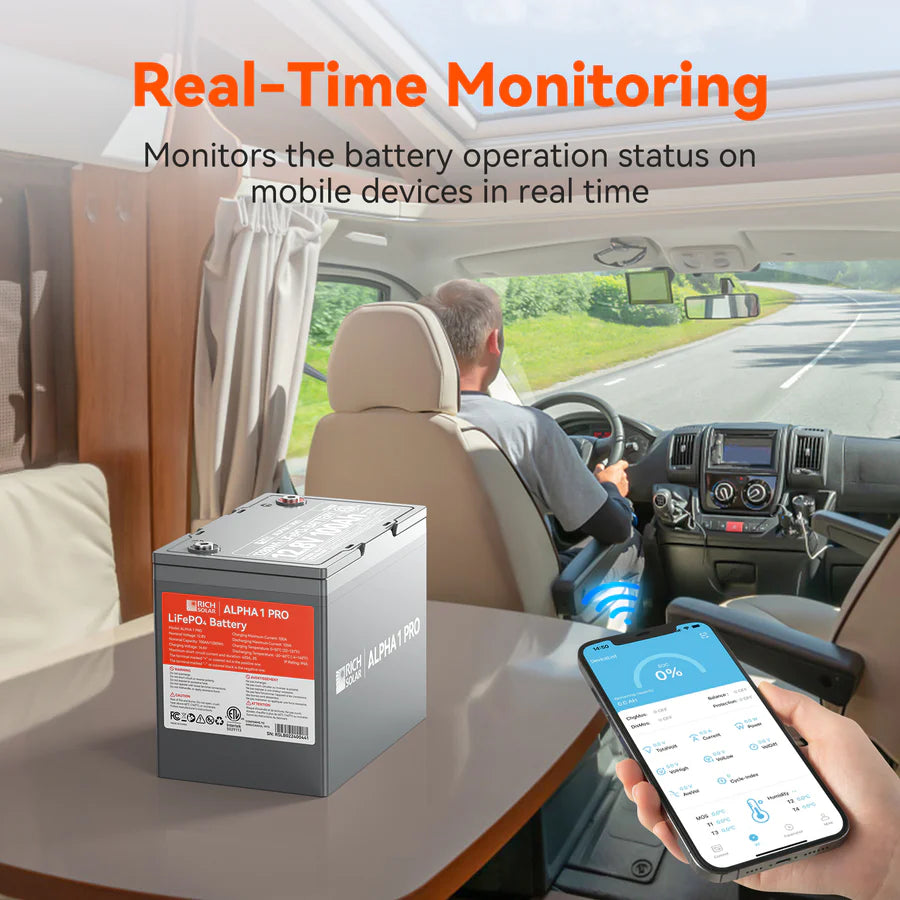 A person drives an RV, with a Rich Solar ALPHA 1 PRO LiFePO4 Battery and a smartphone showing real-time battery data in the foreground. The text “Real-Time Monitoring” highlights mobile battery monitoring capabilities.